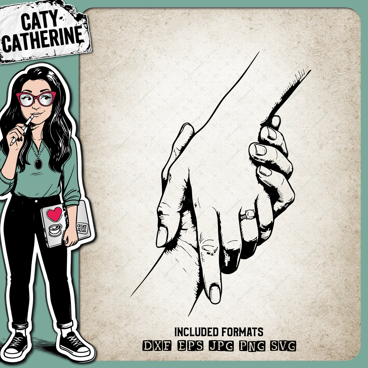 Couple Lovingly Holding Hands with Diamond Wedding Ring – Valentine’s Day SVG Design by Caty Catherine