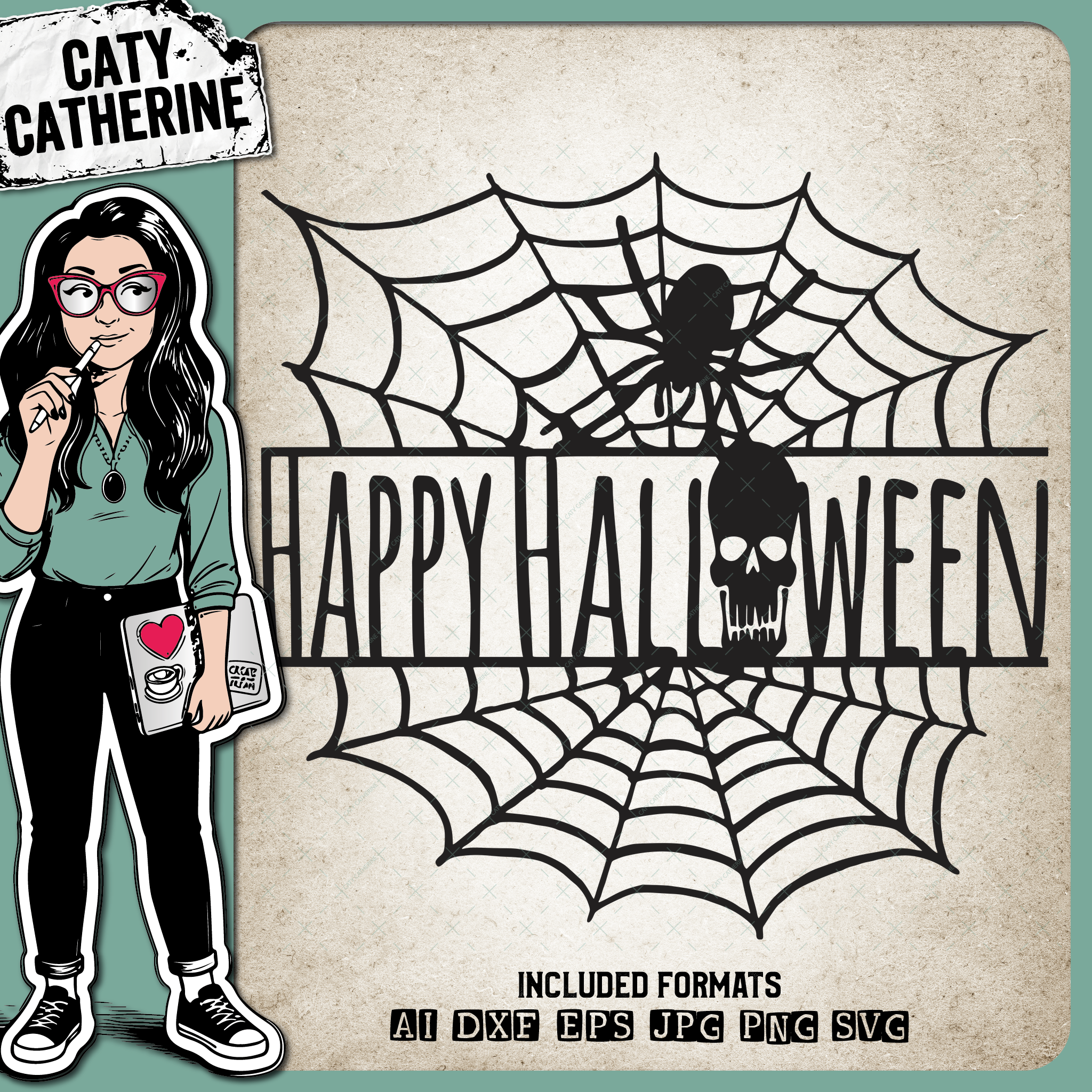 Happy Halloween Cobweb Spider Skull – SVG Design by Caty Catherine