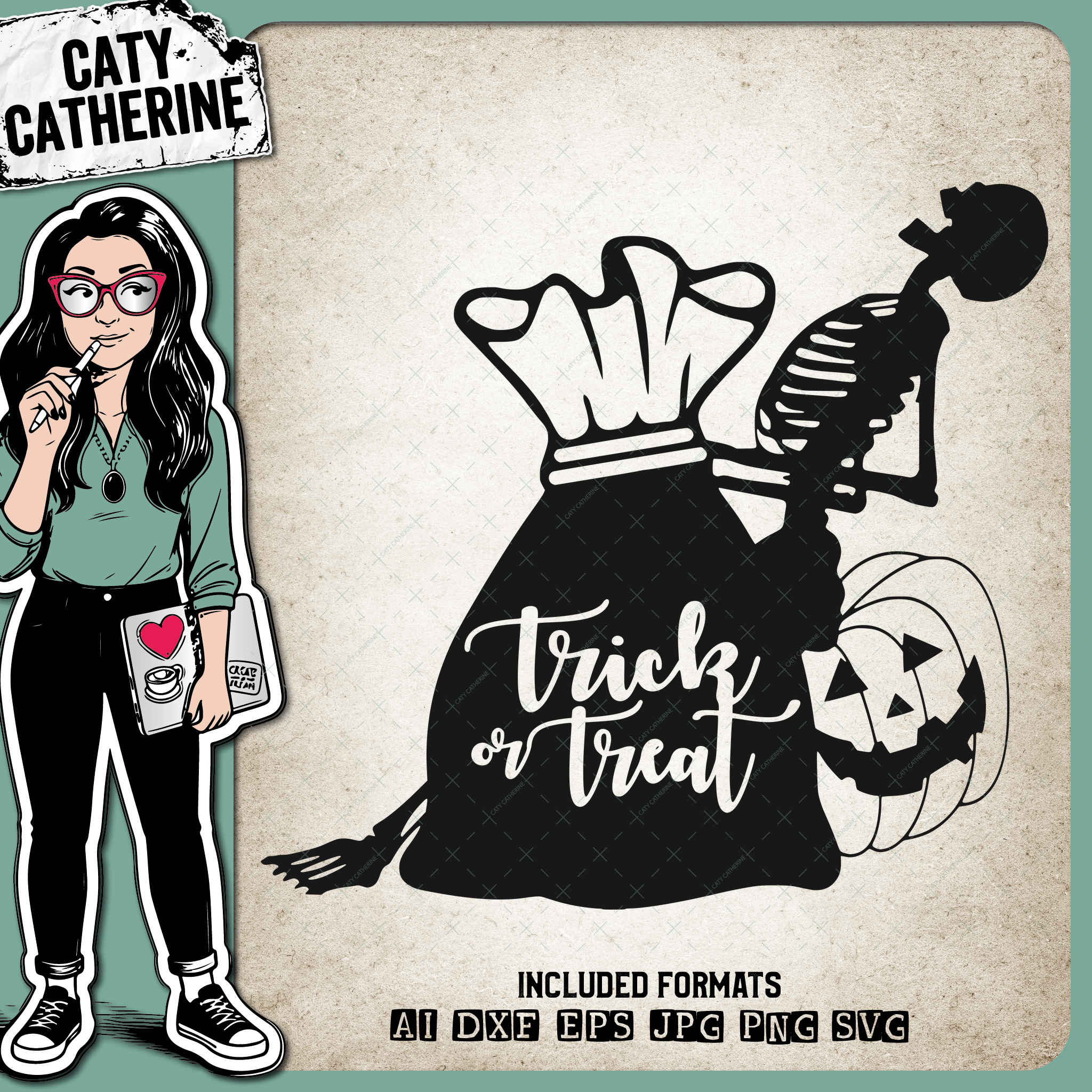 Trick or Treat Skeleton Pumpkin – Halloween SVG Design by Caty Catherine