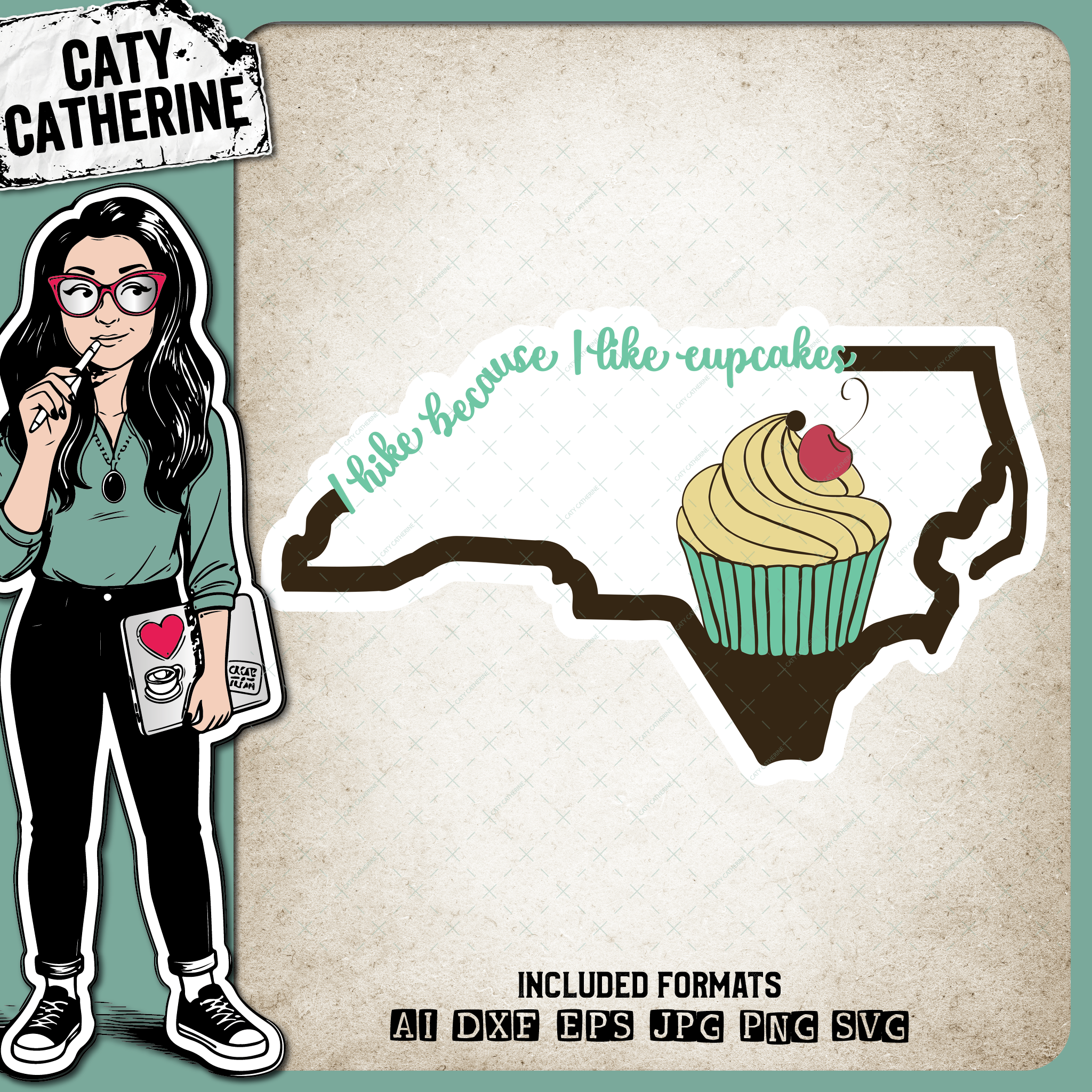North Carolina US State I Hike Because I Like Cupcakes – Travel SVG Design by Caty Catherine