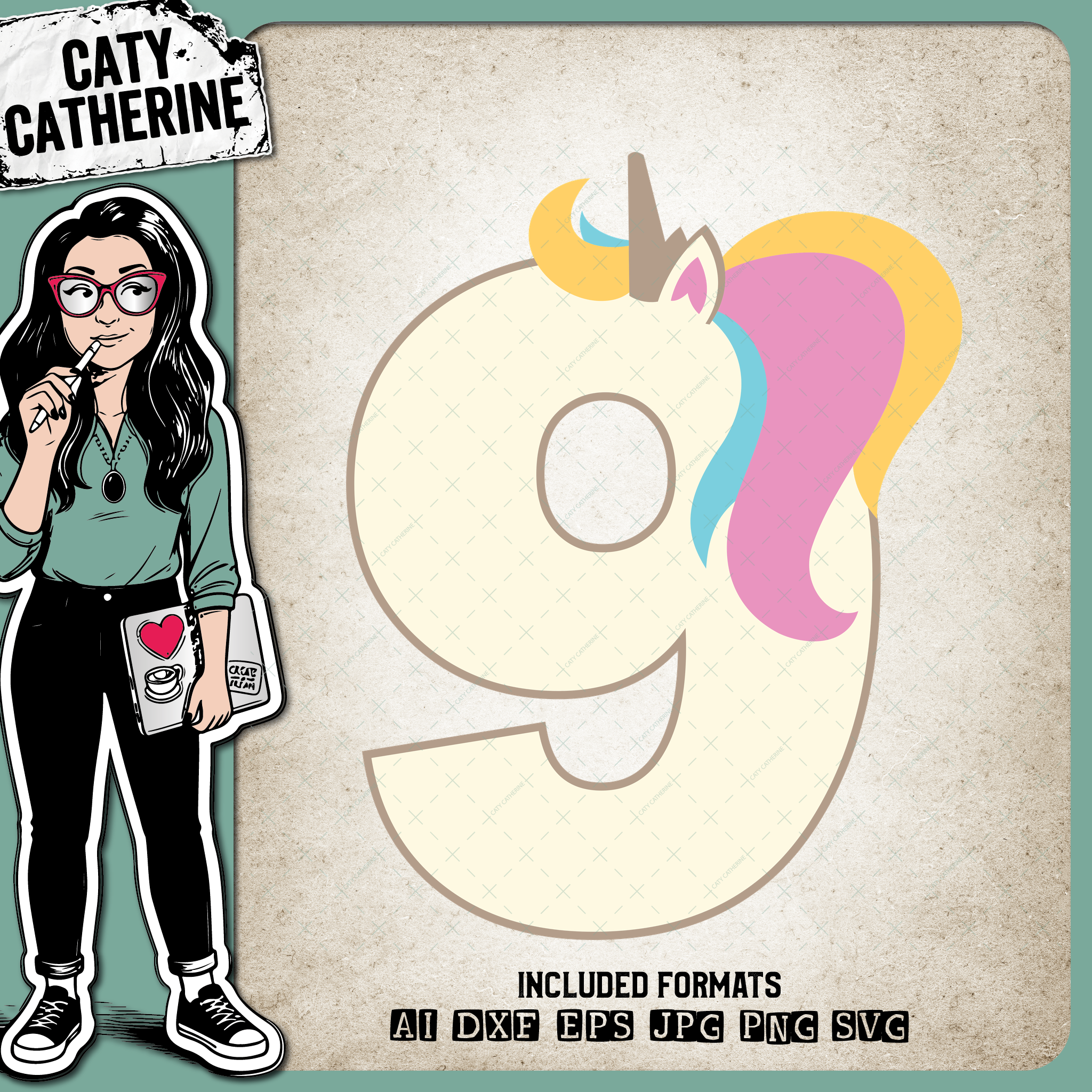9 Nine Years Old Unicorn – Birthday SVG Design by Caty Catherine
