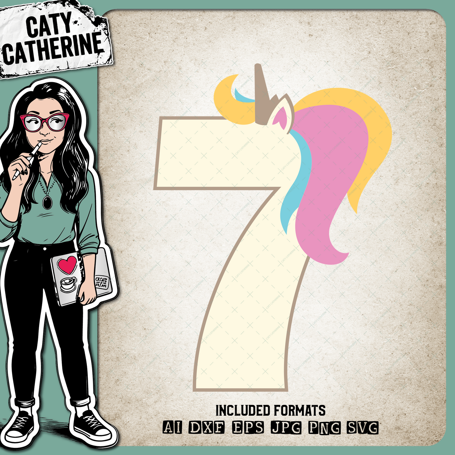 7 Seven Years Old Unicorn – Birthday SVG Design by Caty Catherine
