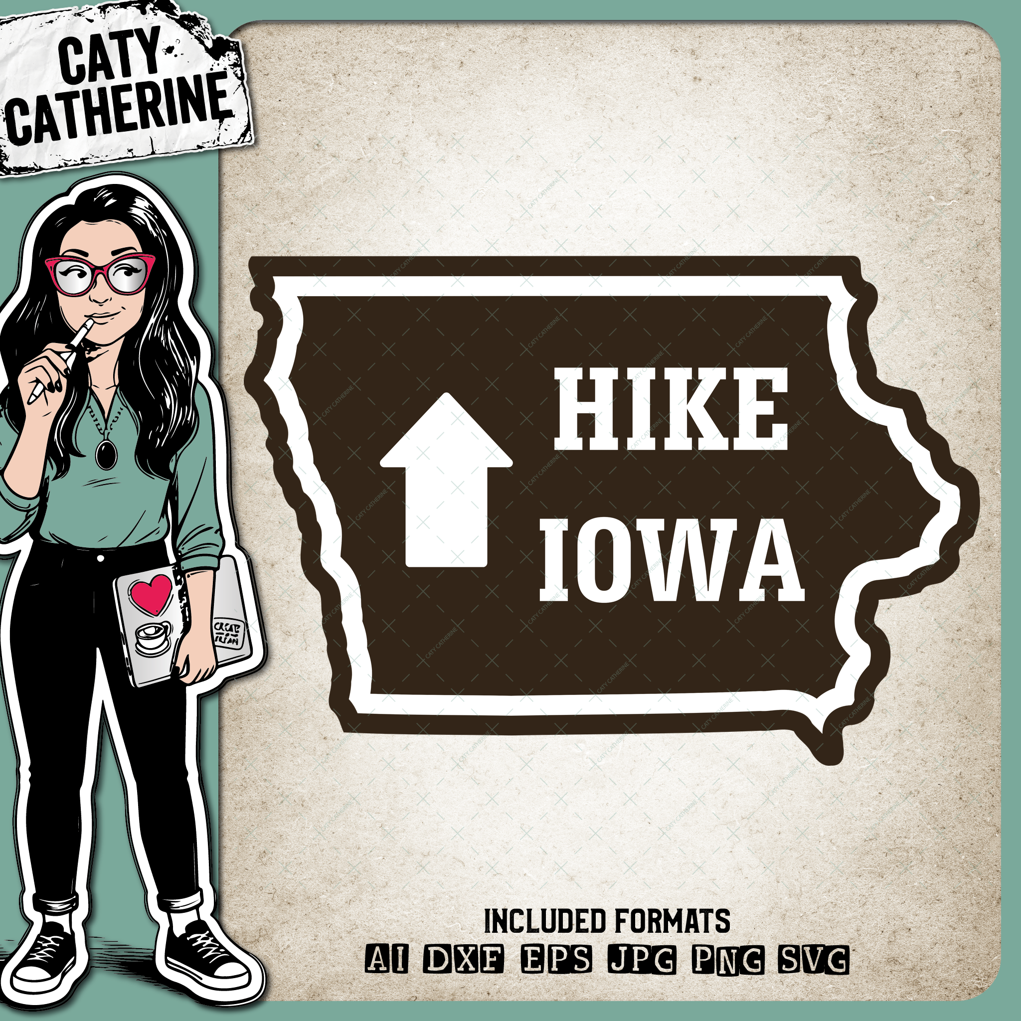 Iowa US State Hiking Trail Sign Hikers – Travel SVG Design by Caty Catherine