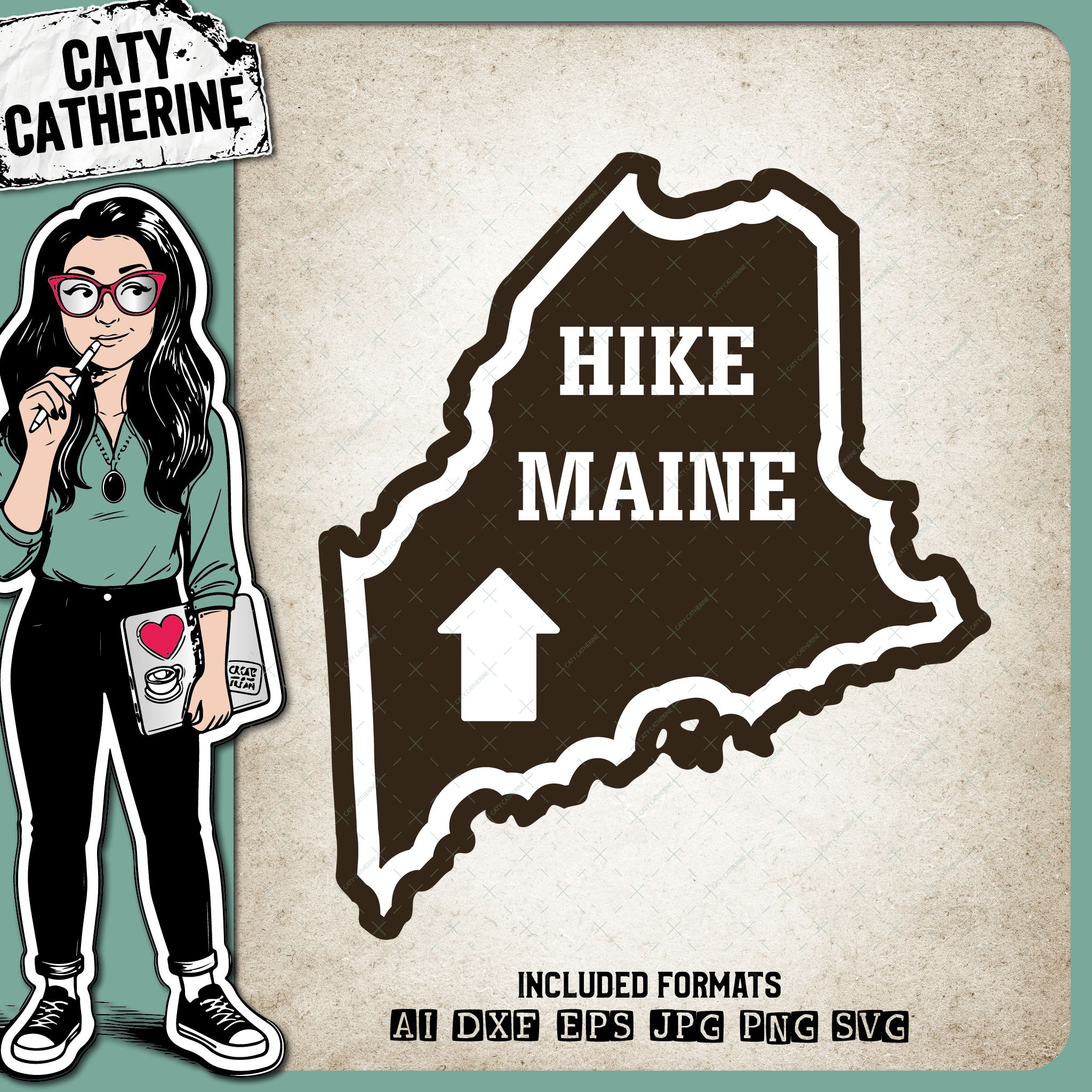 Maine US State Hiking Trail Sign Hikers – Travel SVG Design by Caty Catherine