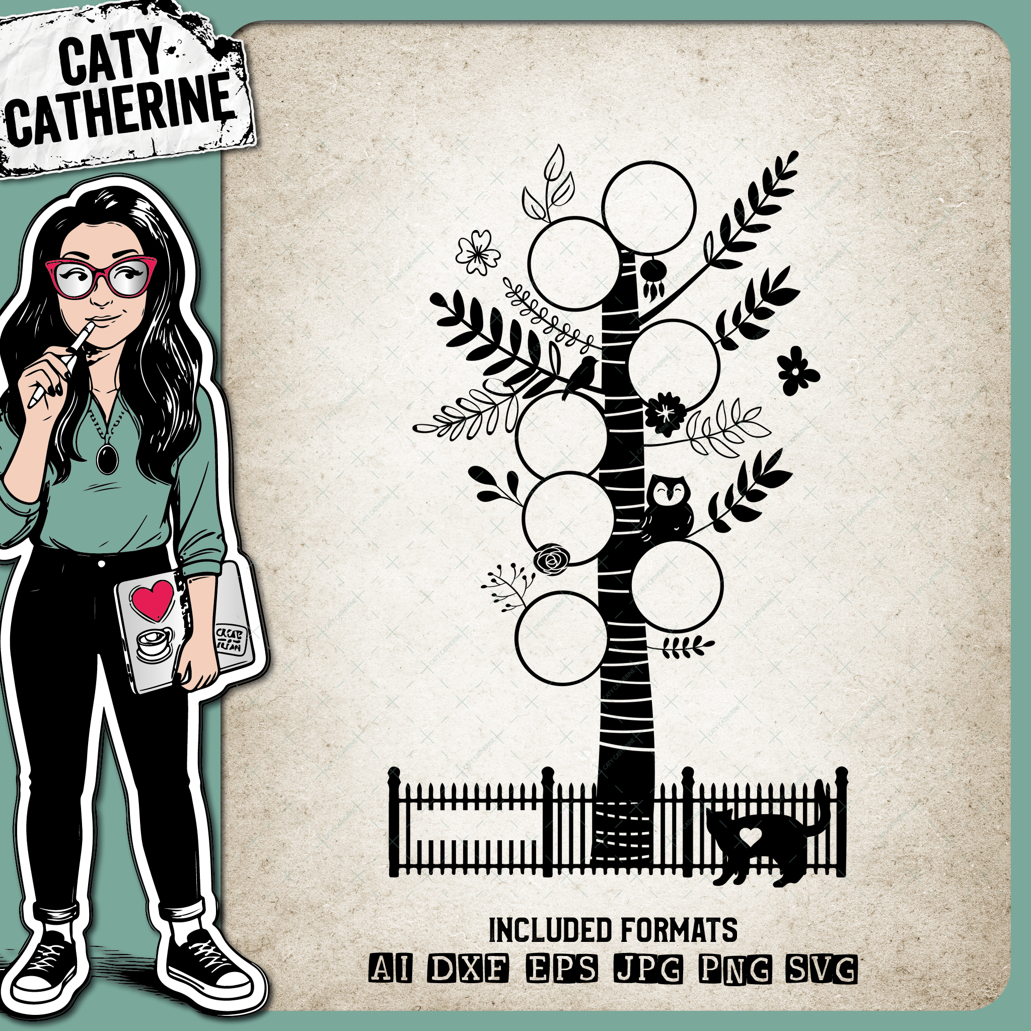 Family Tree Birch Tree with Cat – SVG Design by Caty Catherine