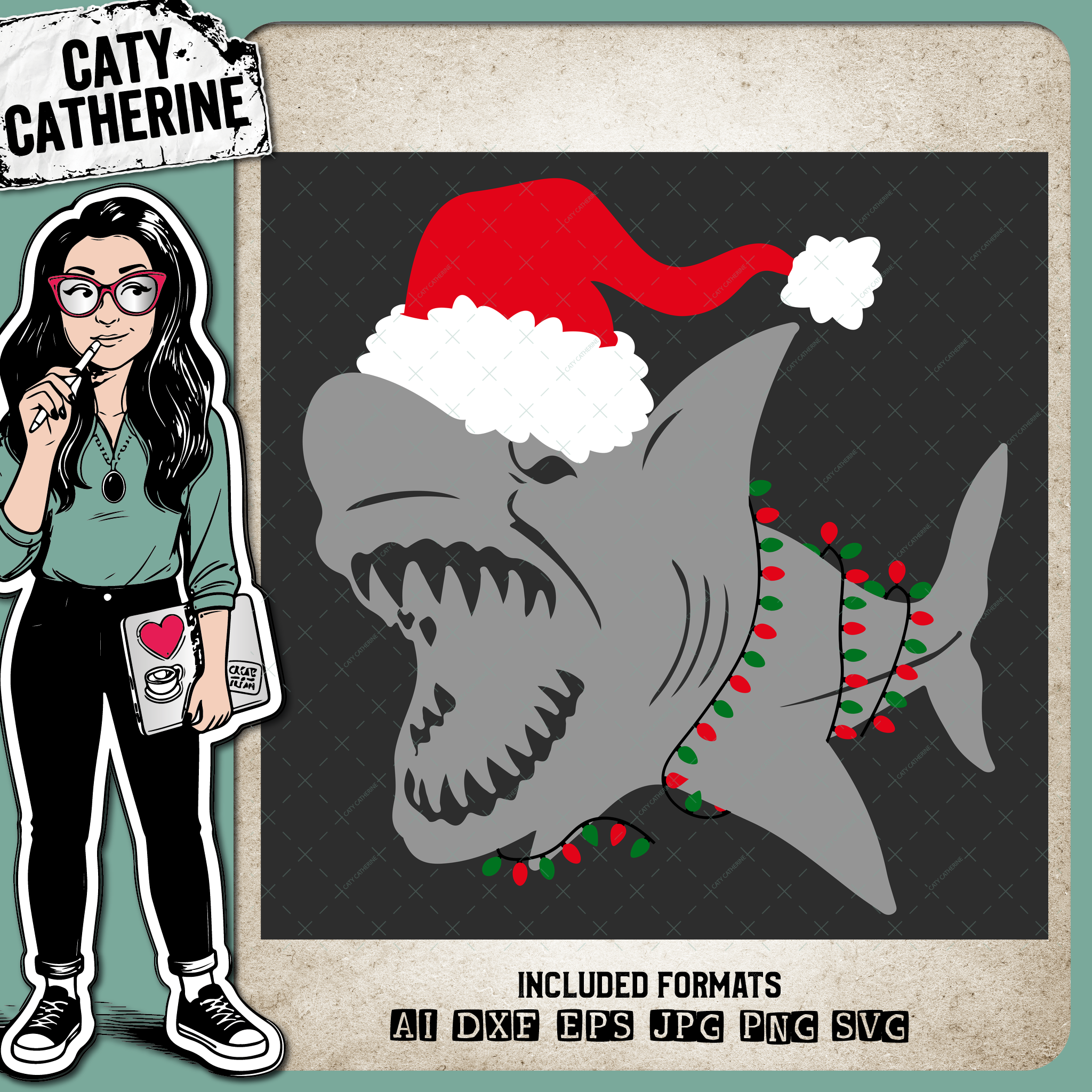 Shark Wearing Santa Hat & Fairy Lights – Christmas SVG Design by Caty Catherine