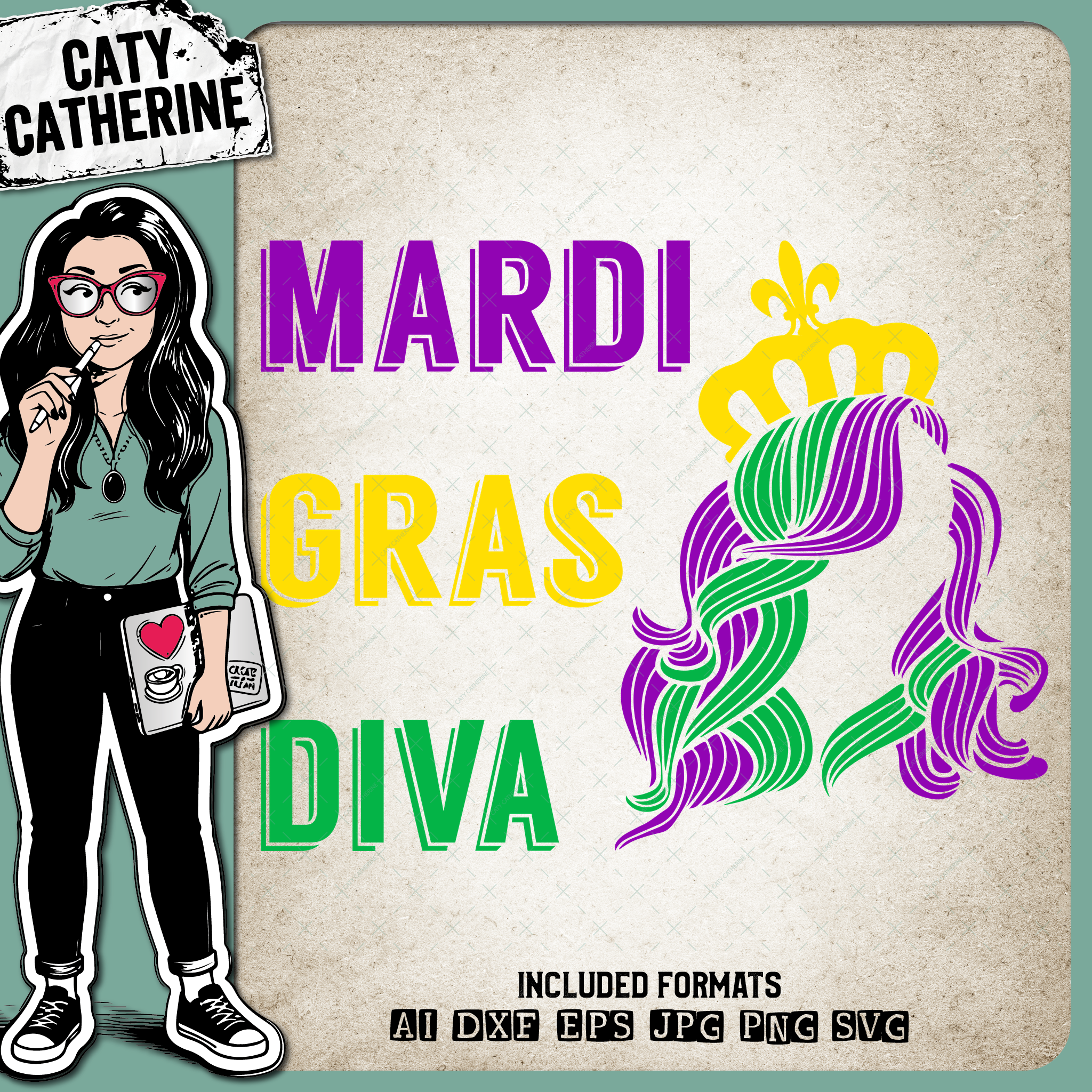 Mardi Gras Diva Woman Crown Long Hair Purple Yellow Green – SVG Design by Caty Catherine