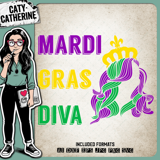 Mardi Gras Diva Woman Crown Long Hair Purple Yellow Green – SVG Design by Caty Catherine