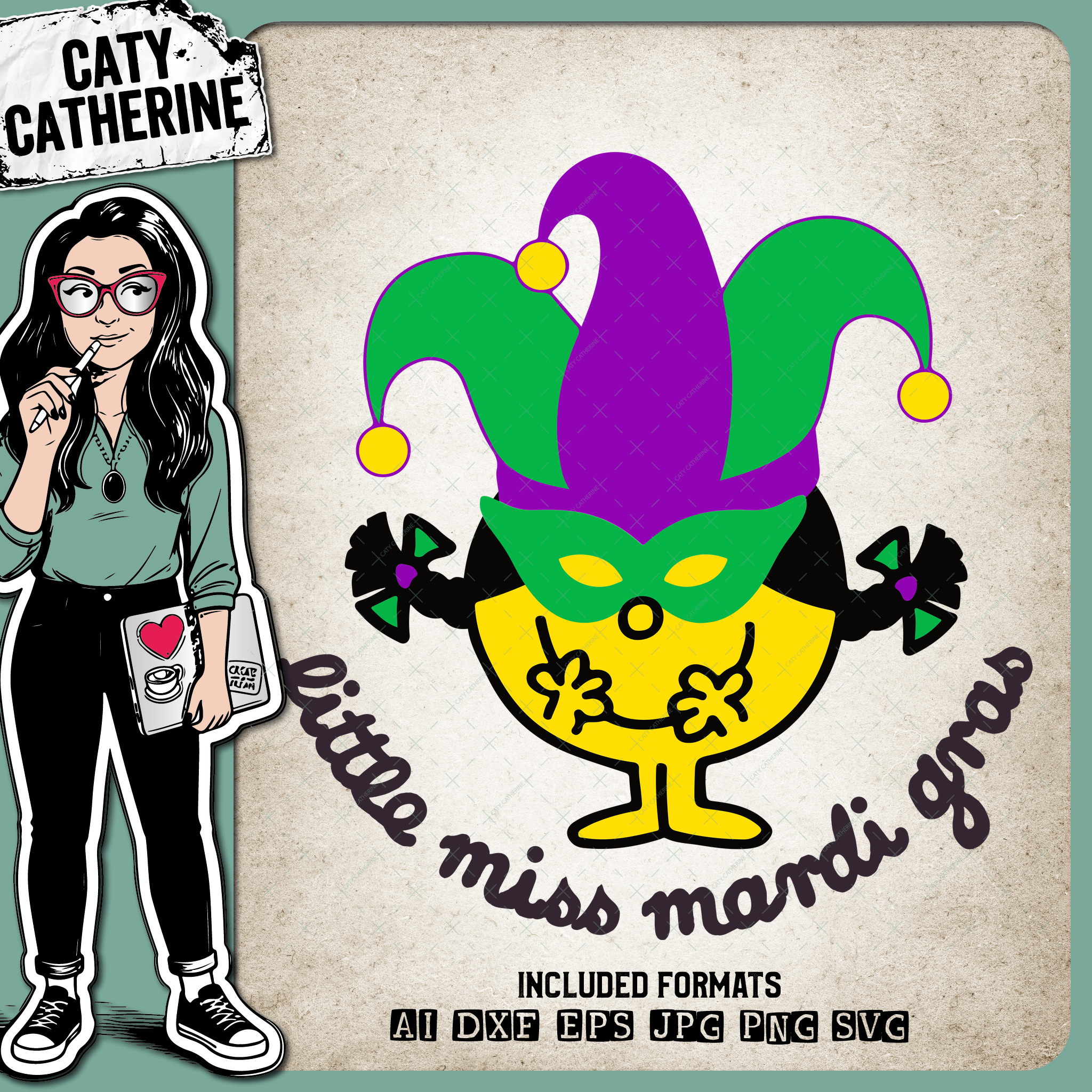 Little Miss Mardi Gras Purple Yellow Green – SVG Design by Caty Catherine