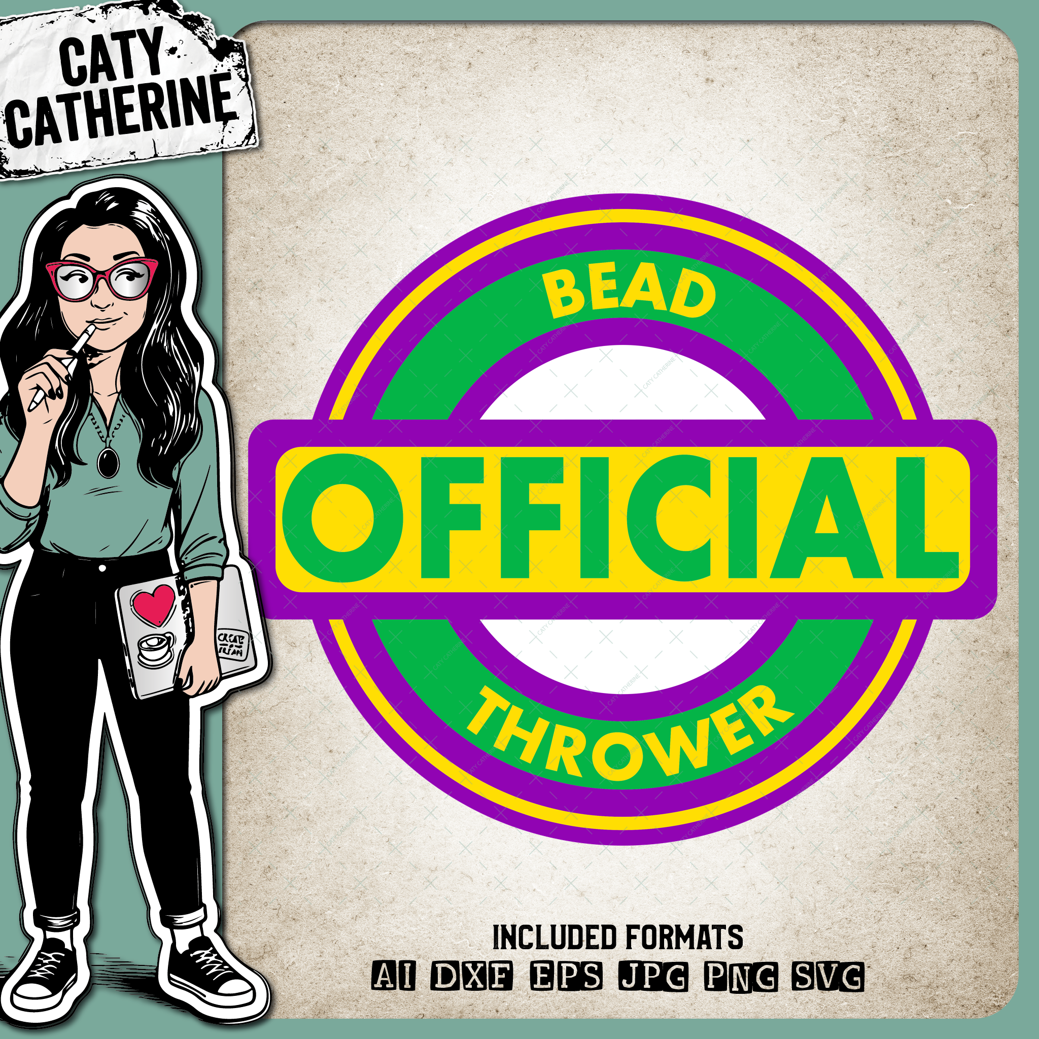 Official Bead Thrower Mardi Gras Purple Yellow Green – SVG Design by Caty Catherine