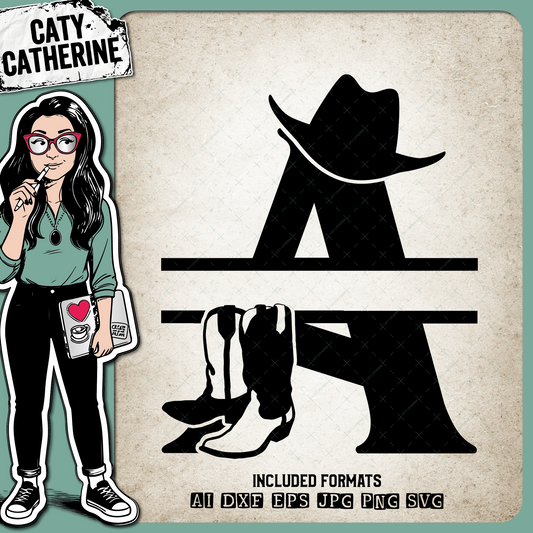 Letter A Cowboy Monogram Includes Cowboy Boots & Cowboy Hat – Monograms SVG Design by Caty Catherine