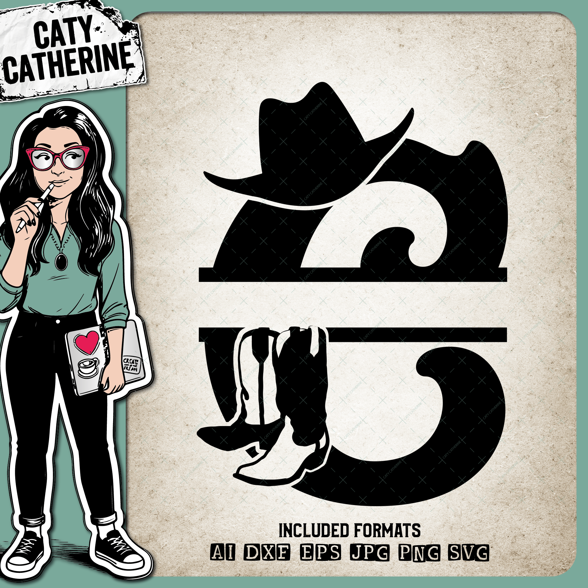 Letter C Cowboy Monogram Includes Cowboy Boots & Cowboy Hat – Monograms SVG Design by Caty Catherine