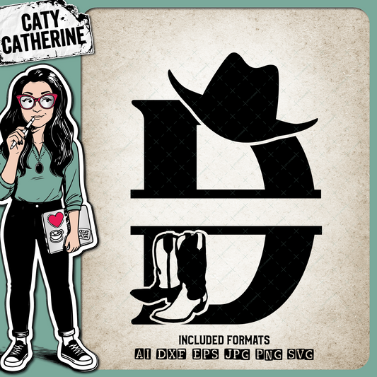 Letter D Cowboy Monogram Includes Cowboy Boots & Cowboy Hat – Monograms SVG Design by Caty Catherine