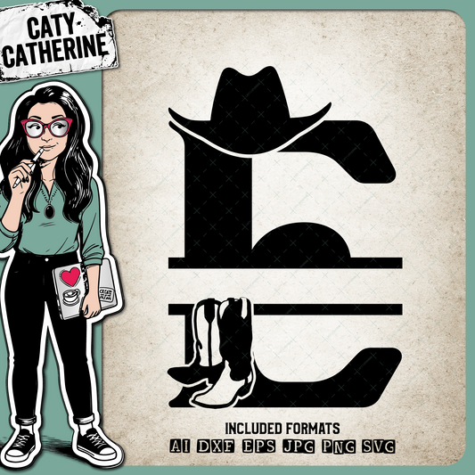 Letter E Cowboy Monogram Includes Cowboy Boots & Cowboy Hat – Monograms SVG Design by Caty Catherine