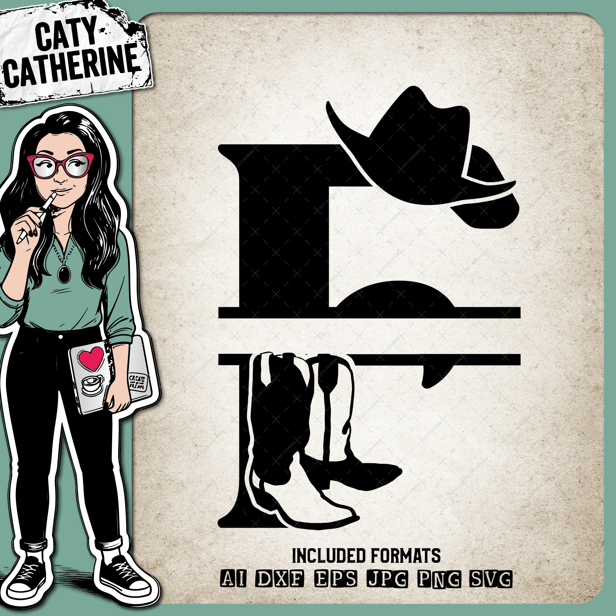 Letter F Cowboy Monogram Includes Cowboy Boots & Cowboy Hat – Monograms SVG Design by Caty Catherine