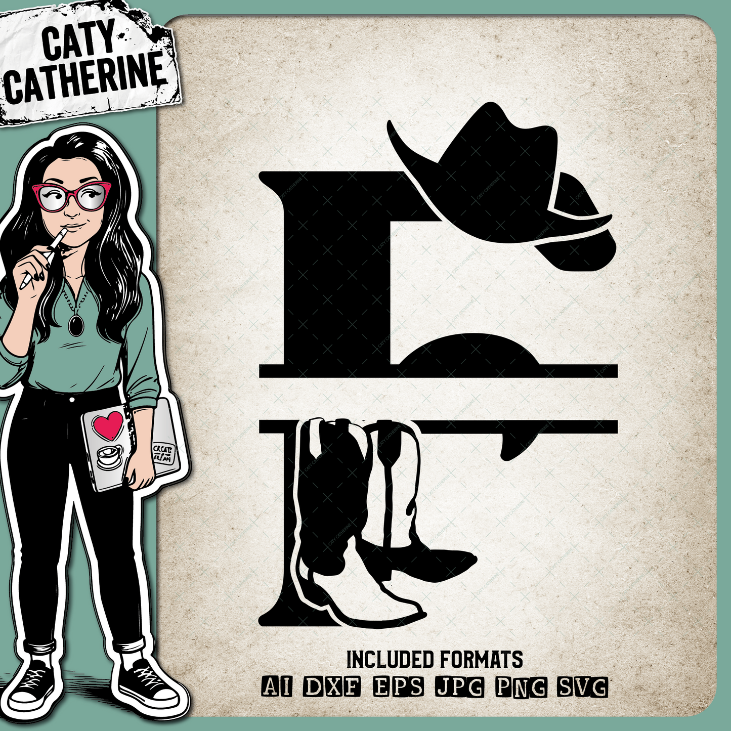 Letter F Cowboy Monogram Includes Cowboy Boots & Cowboy Hat – Monograms SVG Design by Caty Catherine