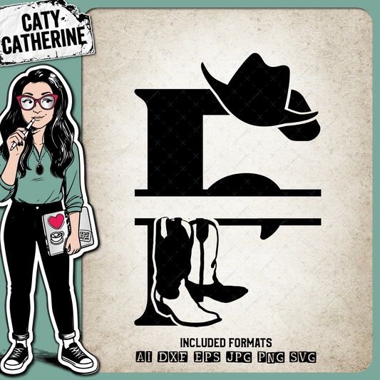 Letter F Cowboy Monogram Includes Cowboy Boots & Cowboy Hat – Monograms SVG Design by Caty Catherine