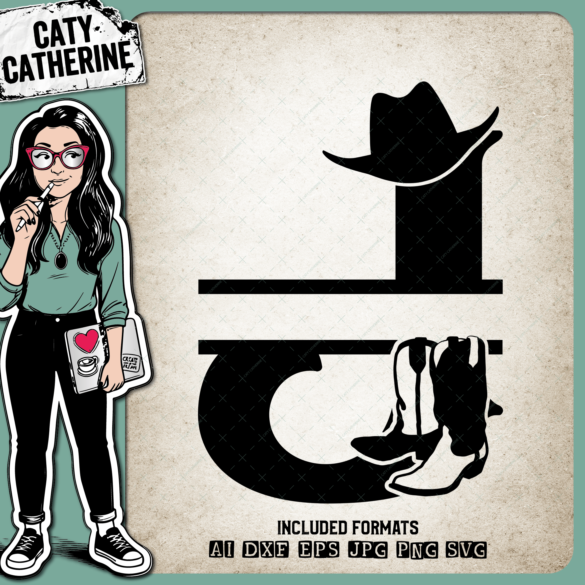 Letter J Cowboy Monogram Includes Cowboy Boots & Cowboy Hat – Monograms SVG Design by Caty Catherine