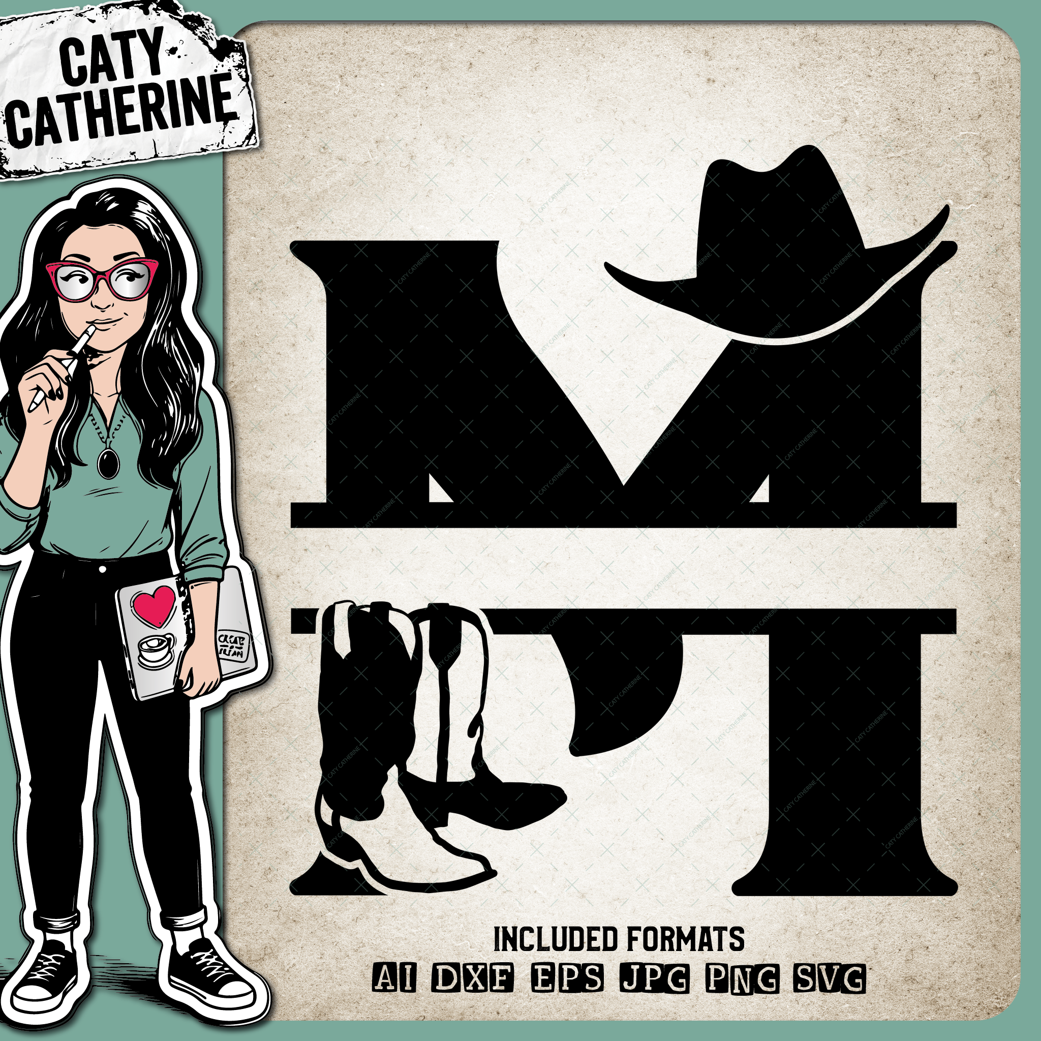 Letter M Cowboy Monogram Includes Cowboy Boots & Cowboy Hat – Monograms SVG Design by Caty Catherine