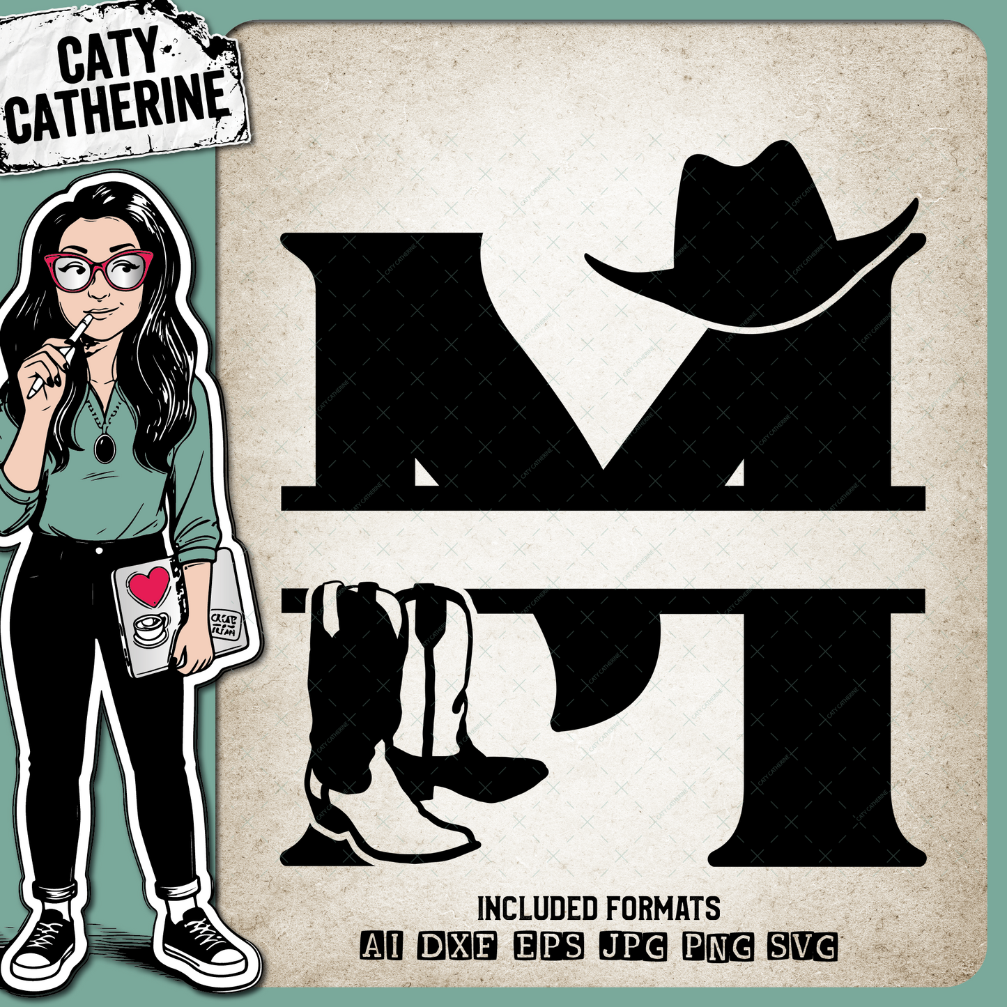 Letter M Cowboy Monogram Includes Cowboy Boots & Cowboy Hat – Monograms SVG Design by Caty Catherine