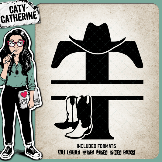 Letter T Cowboy Monogram Includes Cowboy Boots & Cowboy Hat – Monograms SVG Design by Caty Catherine