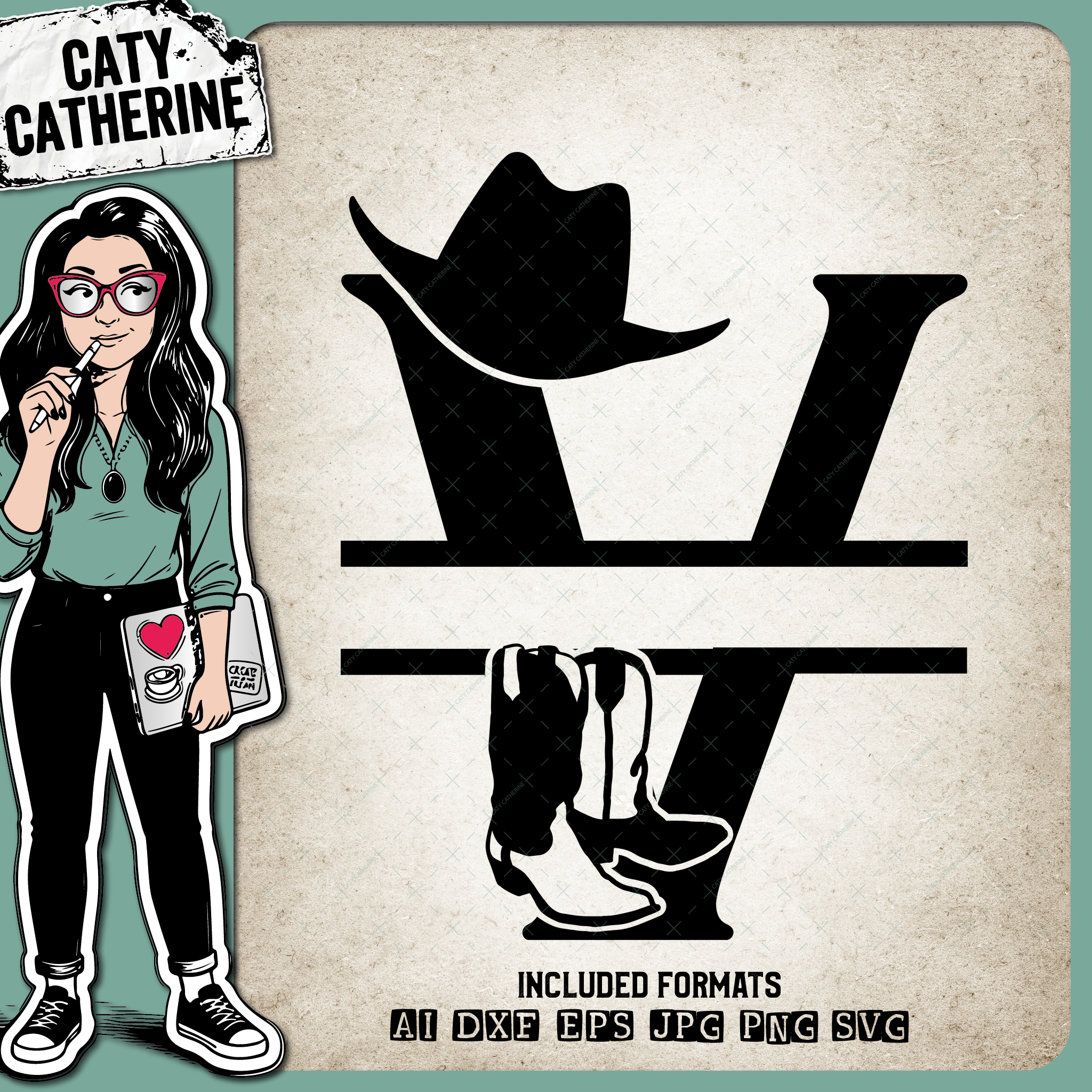 Letter V Cowboy Monogram Includes Cowboy Boots & Cowboy Hat – Monograms SVG Design by Caty Catherine