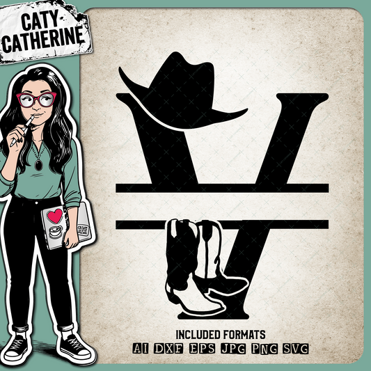 Letter V Cowboy Monogram Includes Cowboy Boots & Cowboy Hat – Monograms SVG Design by Caty Catherine