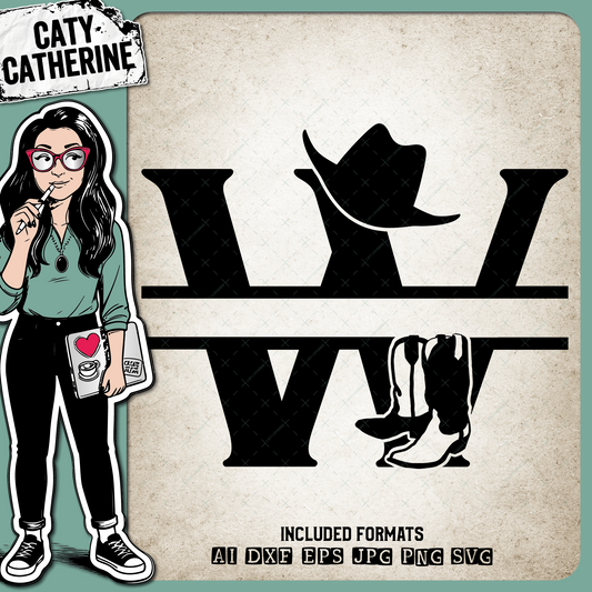 Letter W Cowboy Monogram Includes Cowboy Boots & Cowboy Hat – Monograms SVG Design by Caty Catherine