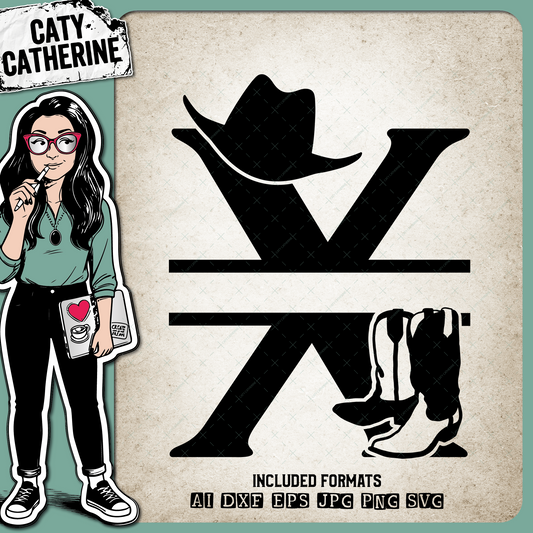 Letter X Cowboy Monogram Includes Cowboy Boots & Cowboy Hat – Monograms SVG Design by Caty Catherine