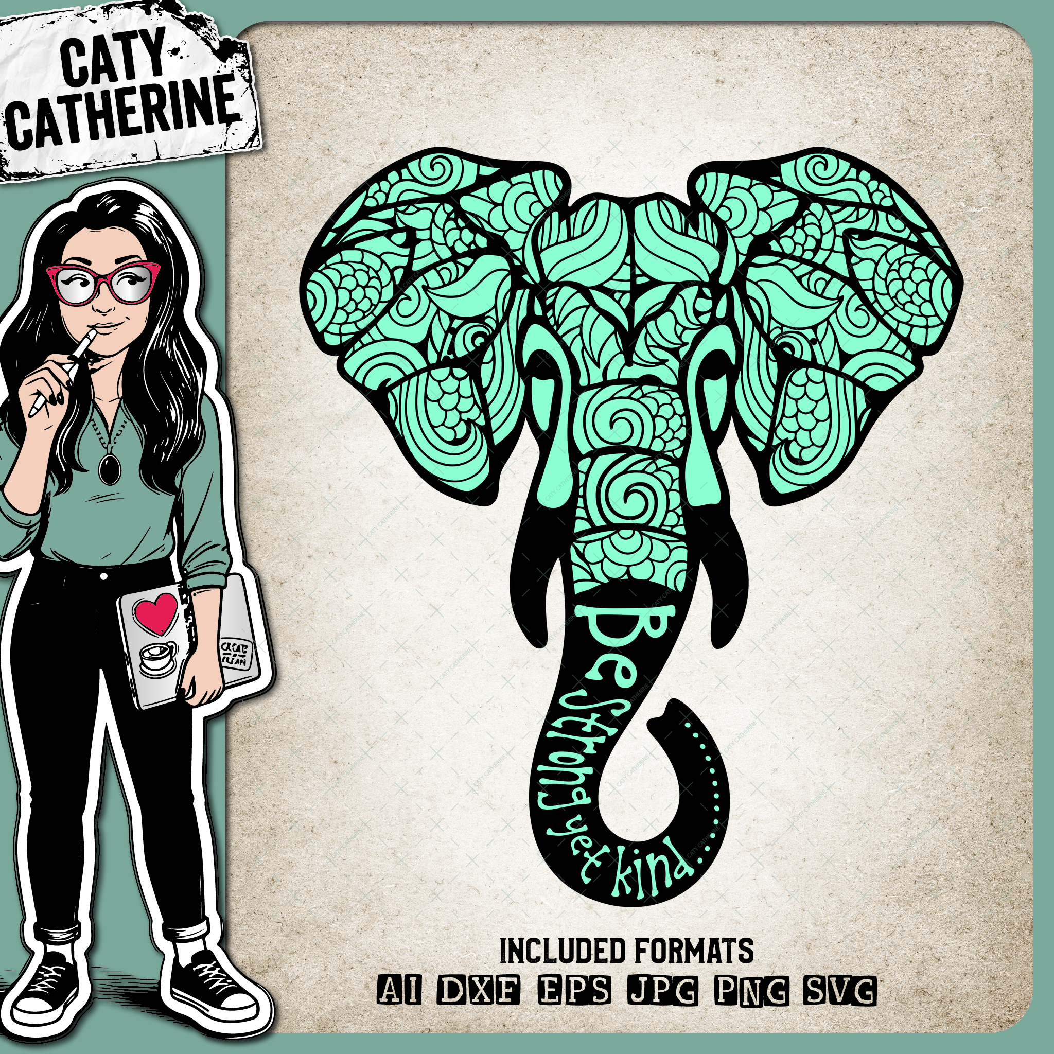 Be Strong Yet Kind Zentangle Elephant – Quotes & Sayings SVG Design by Caty Catherine