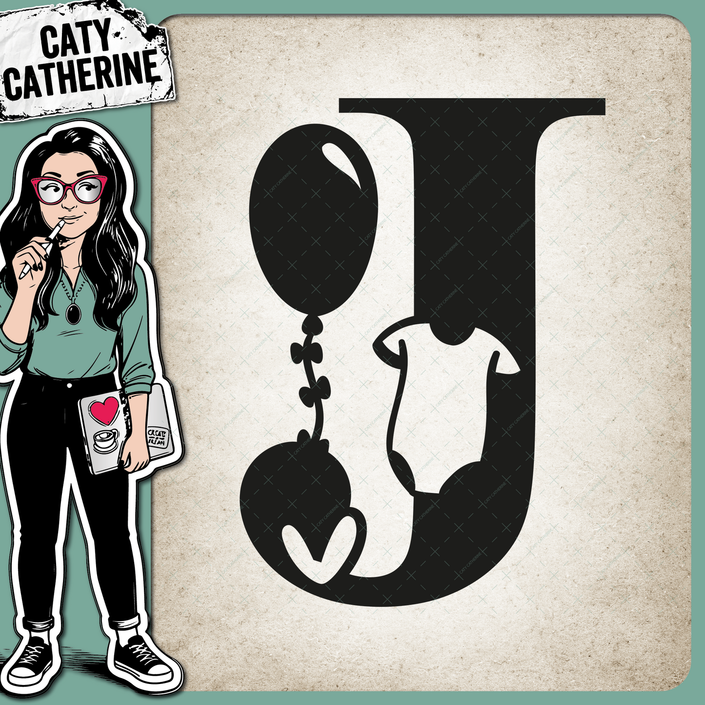 Letter J Newborn Baby Monogram Includes Love Heart BabyGrow Balloon – Monograms SVG Design by Caty Catherine