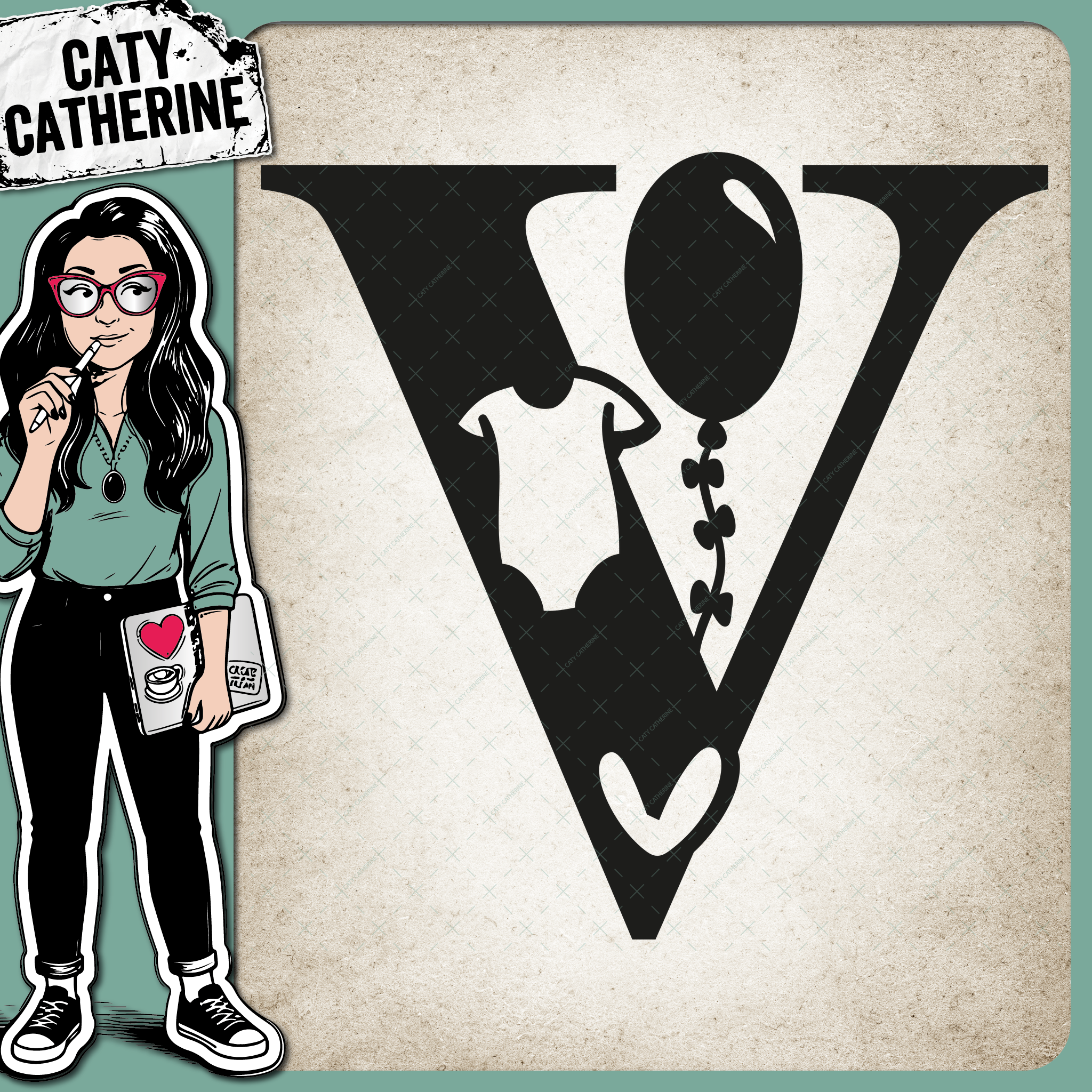 Letter V Newborn Baby Monogram Includes Love Heart BabyGrow Balloon – Monograms SVG Design by Caty Catherine