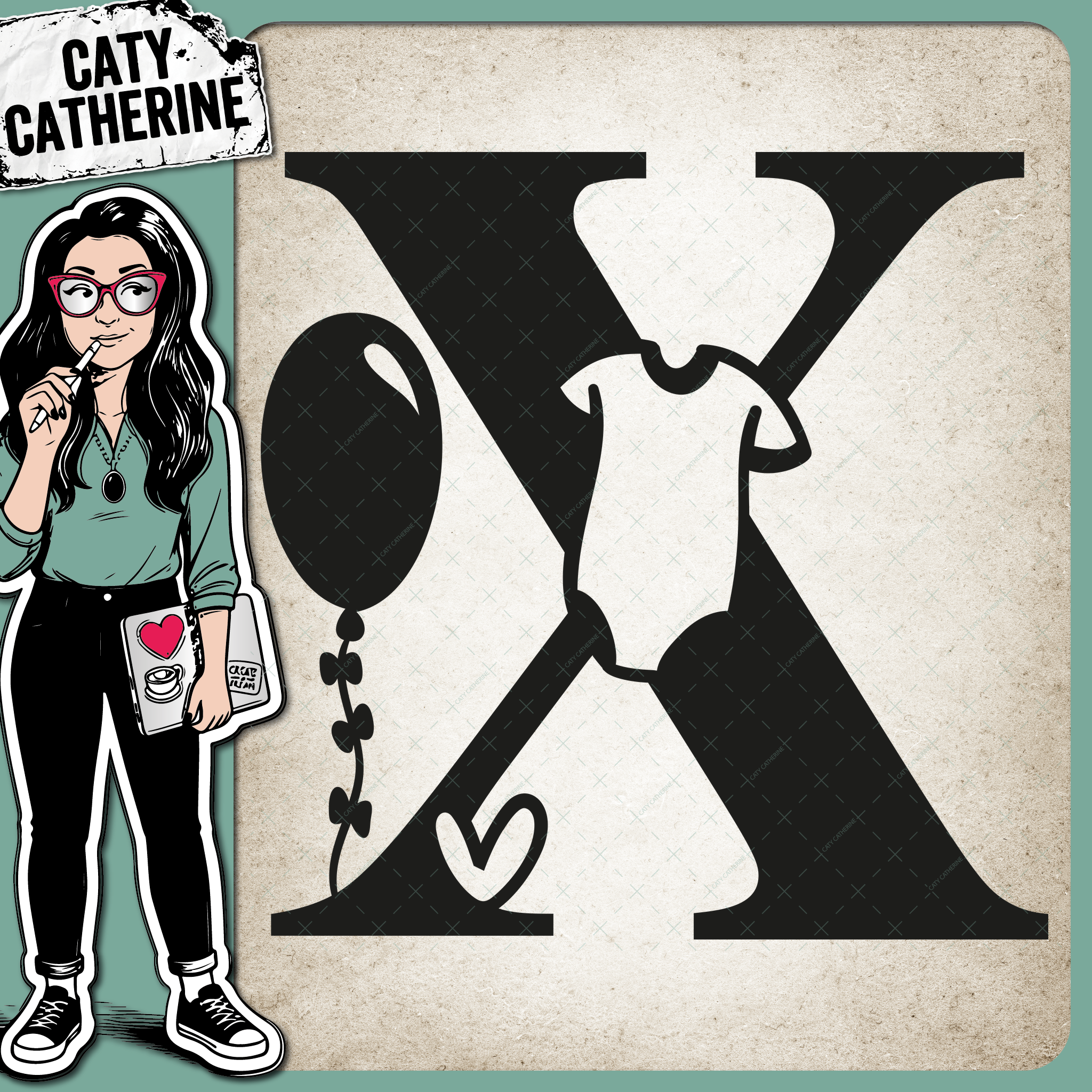 Letter X Newborn Baby Monogram Includes Love Heart BabyGrow Balloon – Monograms SVG Design by Caty Catherine