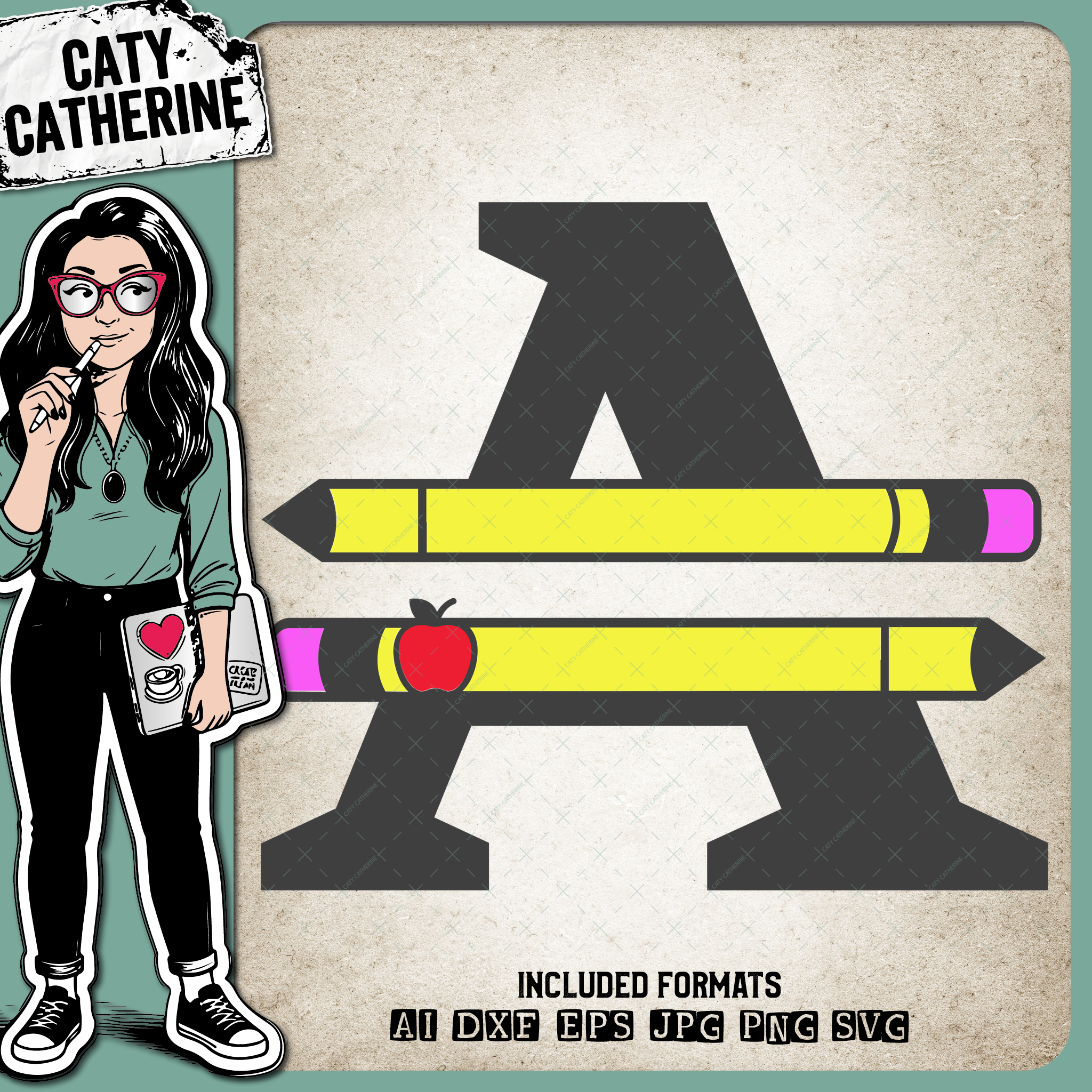 Letter A Split Teacher Monogram with Pencil and Apple Detail – Monograms SVG Design by Caty Catherine