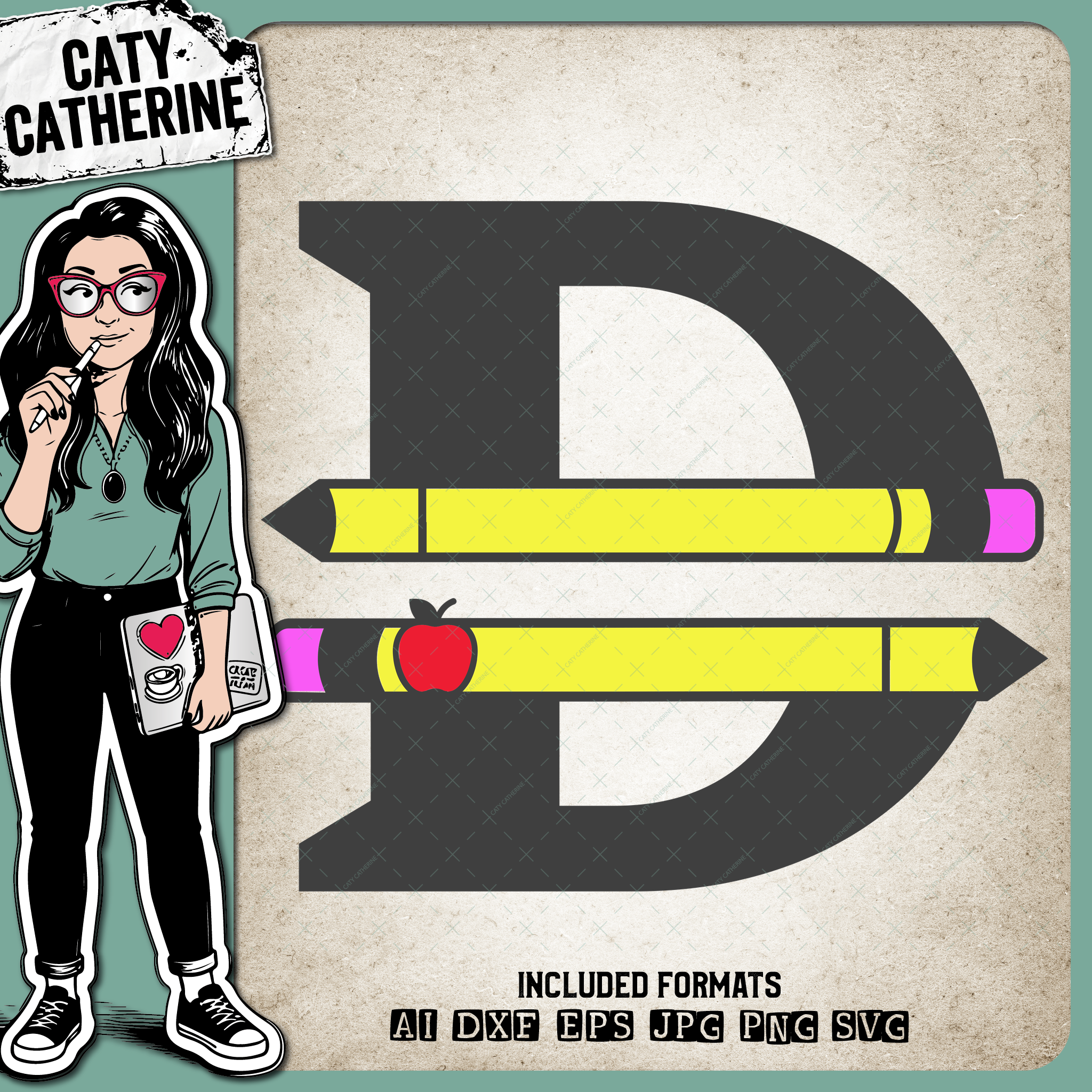 Letter D Split Teacher Monogram with Pencil and Apple Detail – Monograms SVG Design by Caty Catherine