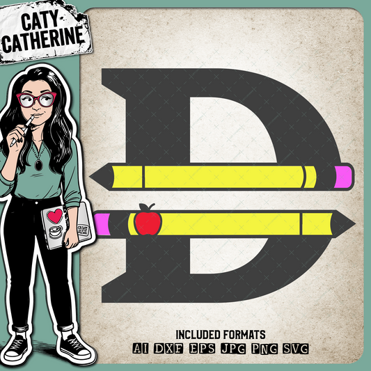 Letter D Split Teacher Monogram with Pencil and Apple Detail – Monograms SVG Design by Caty Catherine