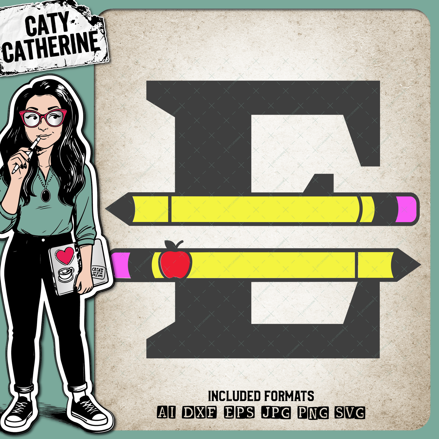 Letter E Split Teacher Monogram with Pencil and Apple Detail – Monograms SVG Design by Caty Catherine