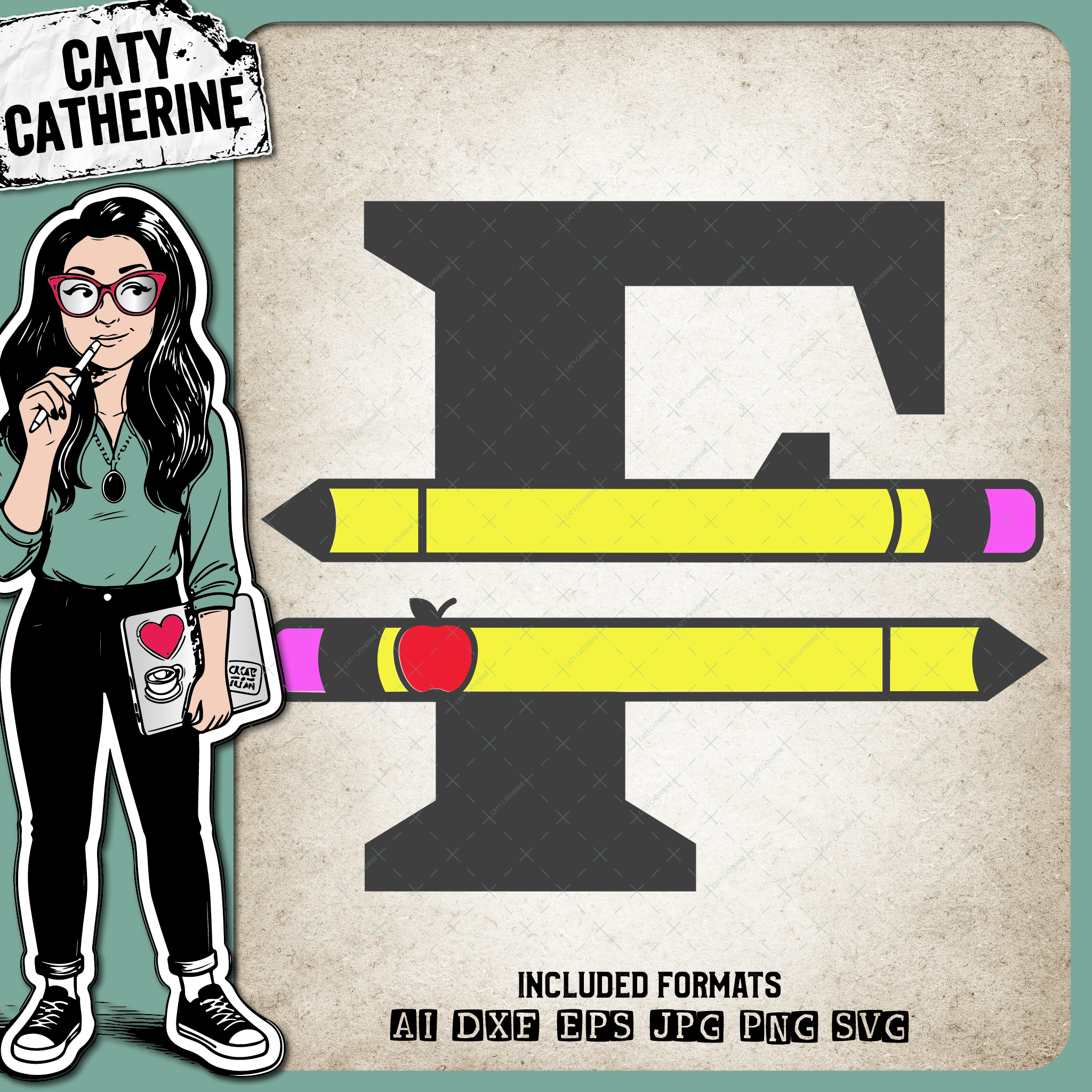 Letter F Split Teacher Monogram with Pencil and Apple Detail – Monograms SVG Design by Caty Catherine