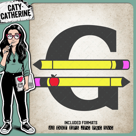 Letter G Split Teacher Monogram with Pencil and Apple Detail – Monograms SVG Design by Caty Catherine