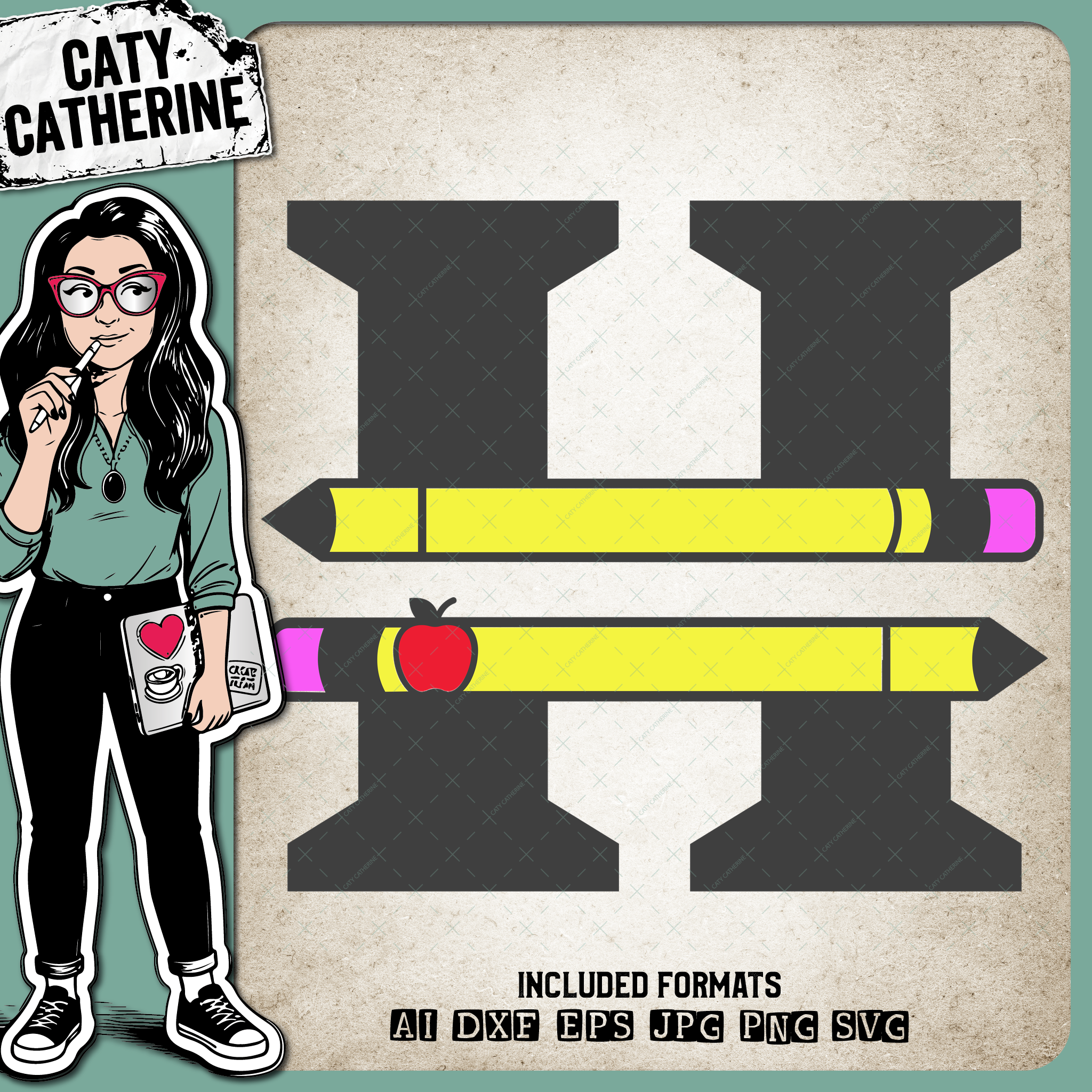 Letter H Split Teacher Monogram with Pencil and Apple Detail – Monograms SVG Design by Caty Catherine