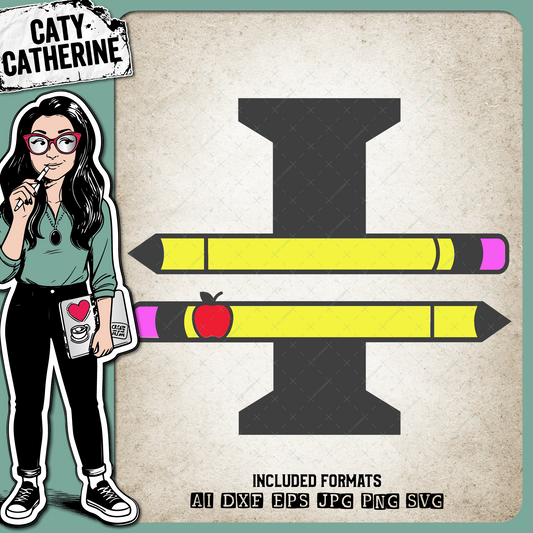 Letter I Split Teacher Monogram with Pencil and Apple Detail – Monograms SVG Design by Caty Catherine