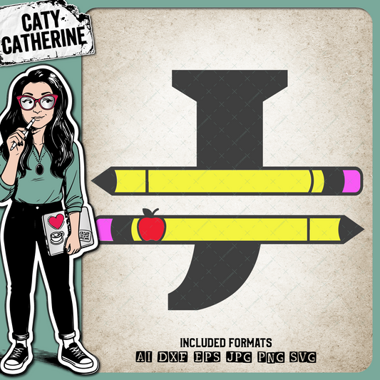 Letter J Split Teacher Monogram with Pencil and Apple Detail – Monograms SVG Design by Caty Catherine