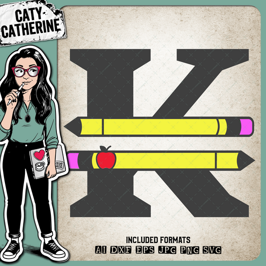 Letter K Split Teacher Monogram with Pencil and Apple Detail – Monograms SVG Design by Caty Catherine