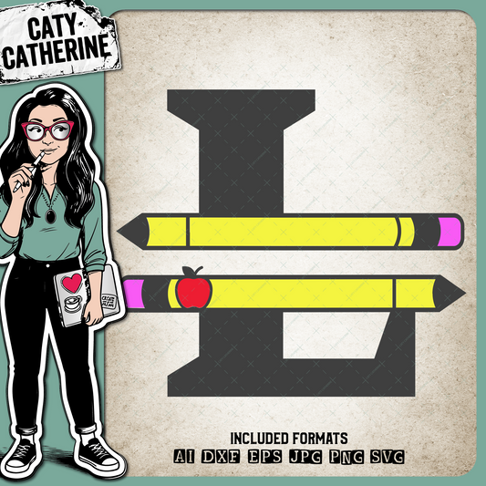 Letter L Split Teacher Monogram with Pencil and Apple Detail – Monograms SVG Design by Caty Catherine