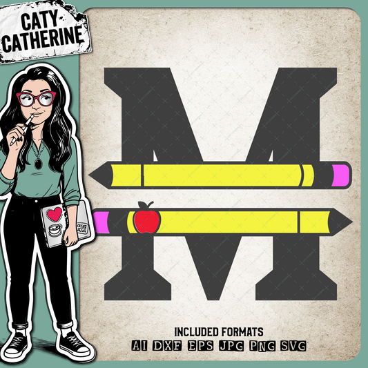 Letter M Split Teacher Monogram with Pencil and Apple Detail – Monograms SVG Design by Caty Catherine
