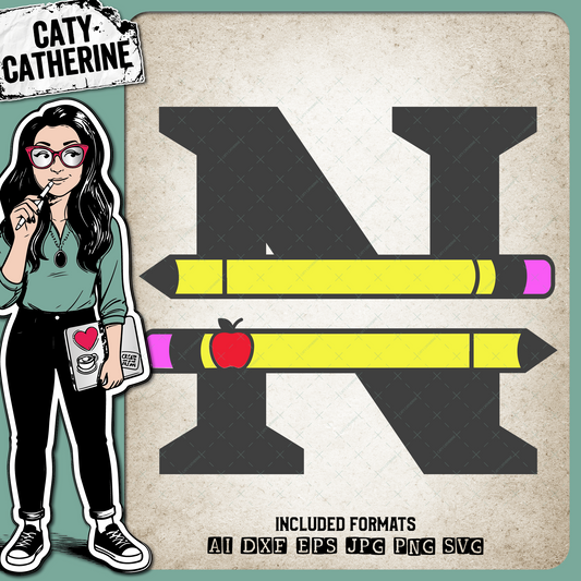 Letter N Split Teacher Monogram with Pencil and Apple Detail – Monograms SVG Design by Caty Catherine