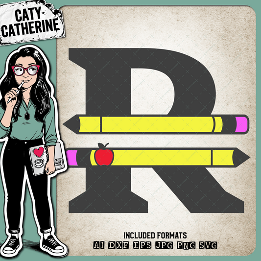 Letter R Split Teacher Monogram with Pencil and Apple Detail – Monograms SVG Design by Caty Catherine