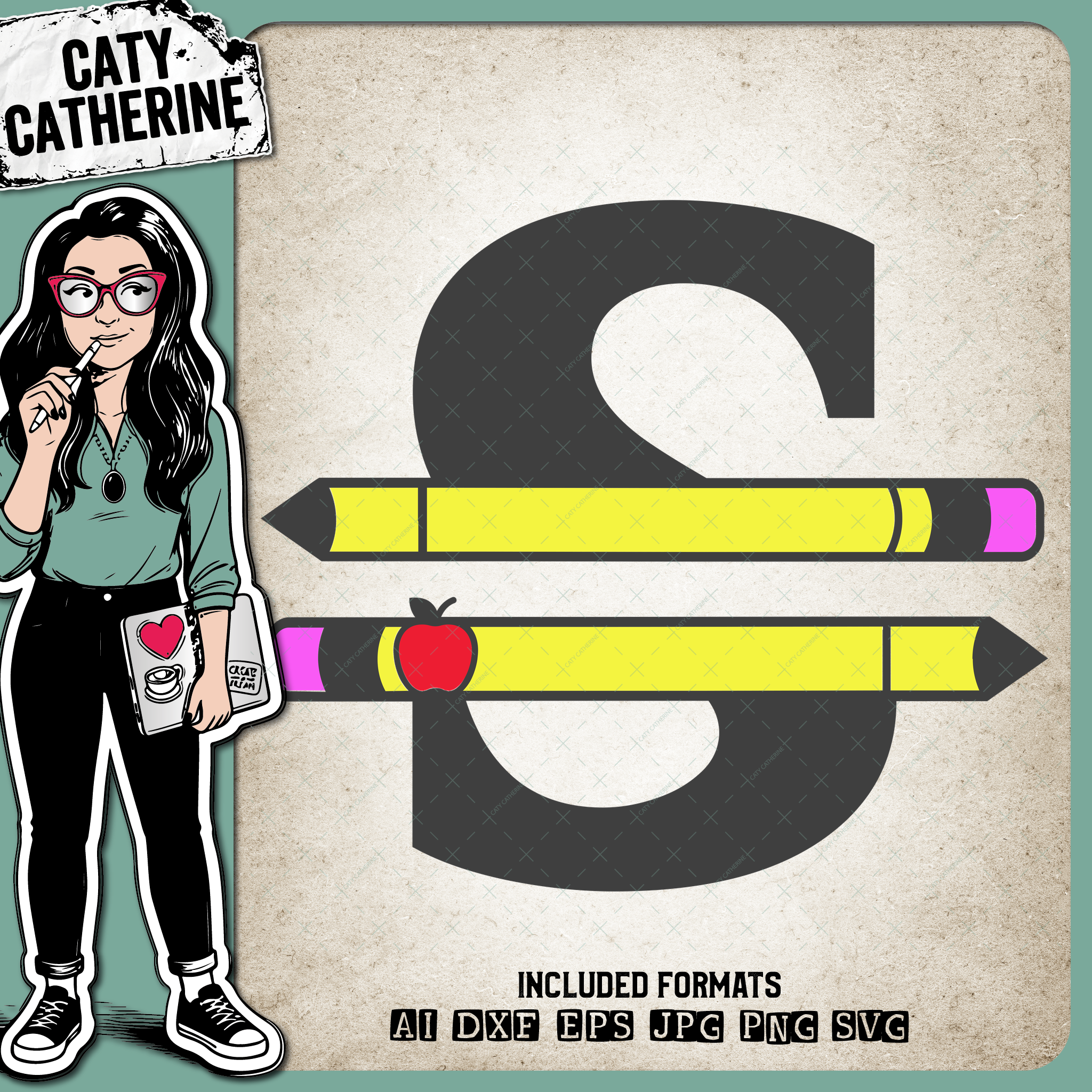 Letter S Split Teacher Monogram with Pencil and Apple Detail – Monograms SVG Design by Caty Catherine