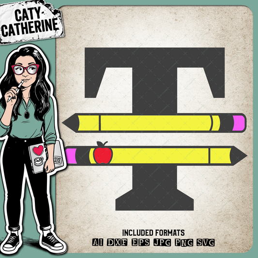 Letter T Split Teacher Monogram with Pencil and Apple Detail – Monograms SVG Design by Caty Catherine