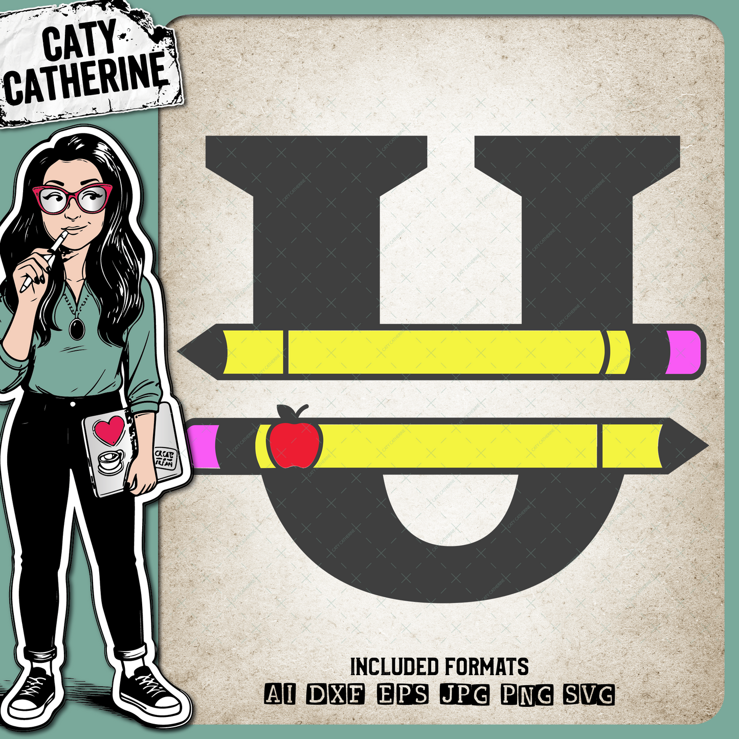 Letter U Split Teacher Monogram with Pencil and Apple Detail – Monograms SVG Design by Caty Catherine